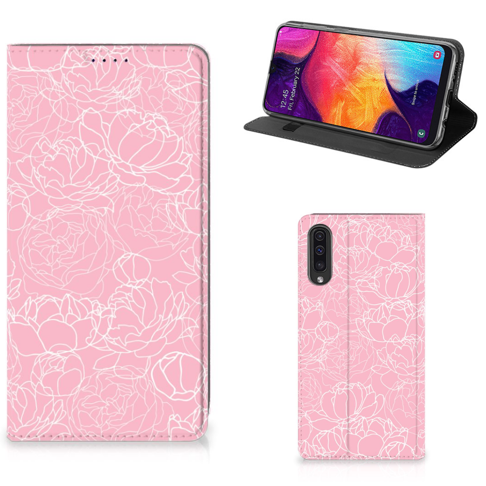 Samsung Galaxy A50 Standcase Hoesje Design White Flowers