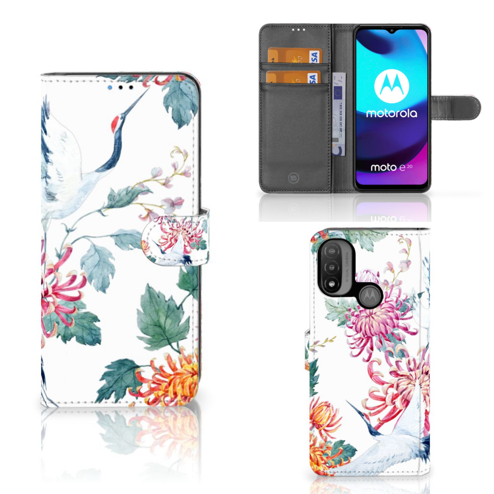 Motorola Moto E20 | E30 | E40 Telefoonhoesje met Pasjes Bird Flowers