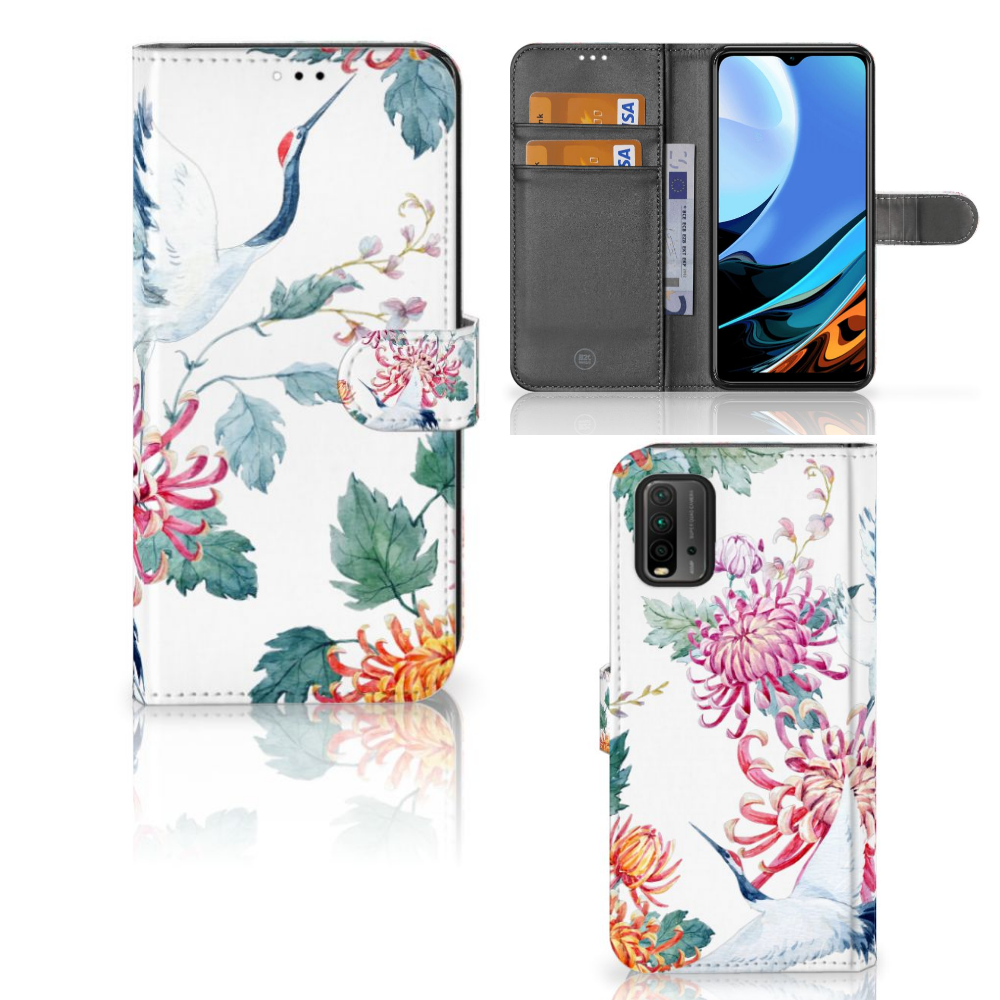 Xiaomi Redmi 9T | Poco M3 Telefoonhoesje met Pasjes Bird Flowers