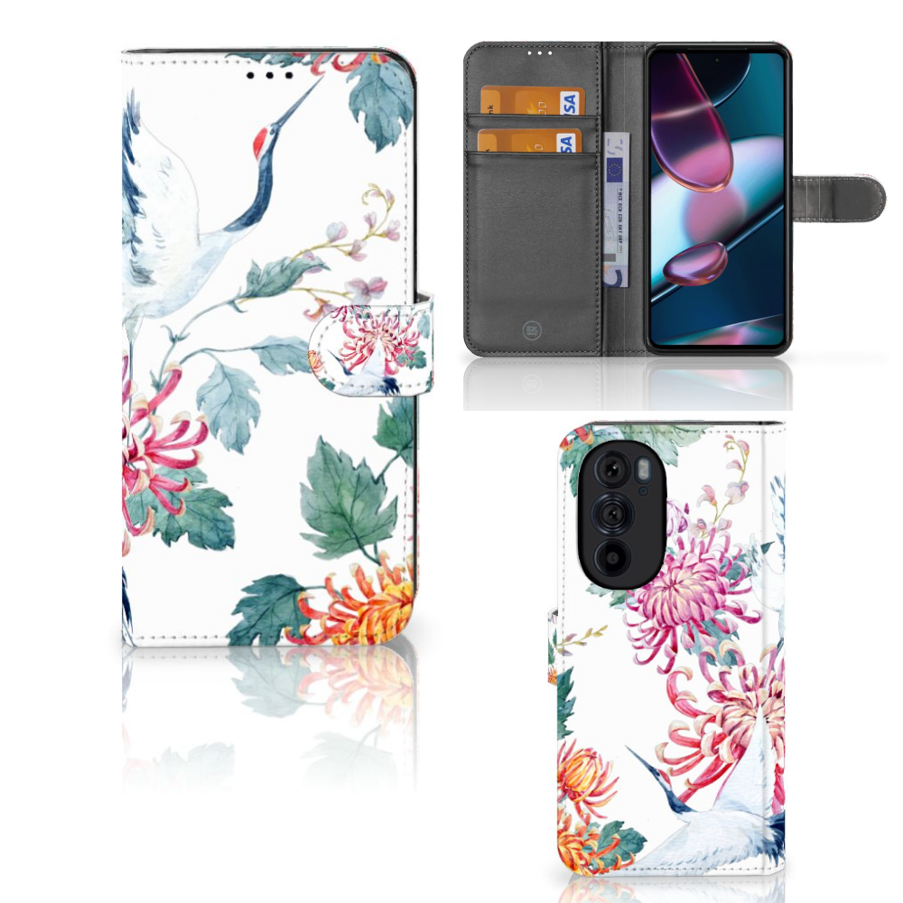 Motorola Edge 30 Pro Telefoonhoesje met Pasjes Bird Flowers