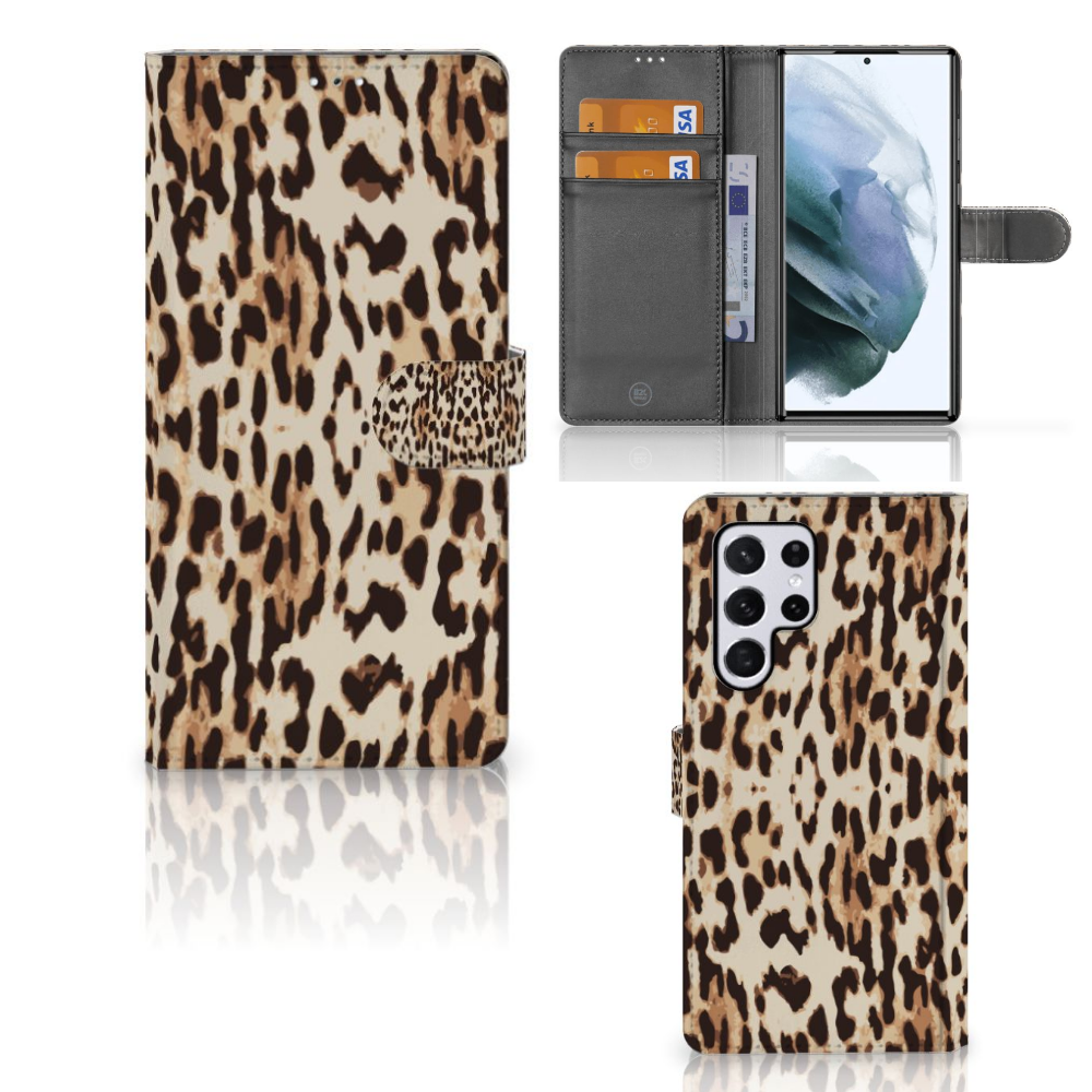 Samsung Galaxy S22 Ultra Telefoonhoesje met Pasjes Leopard