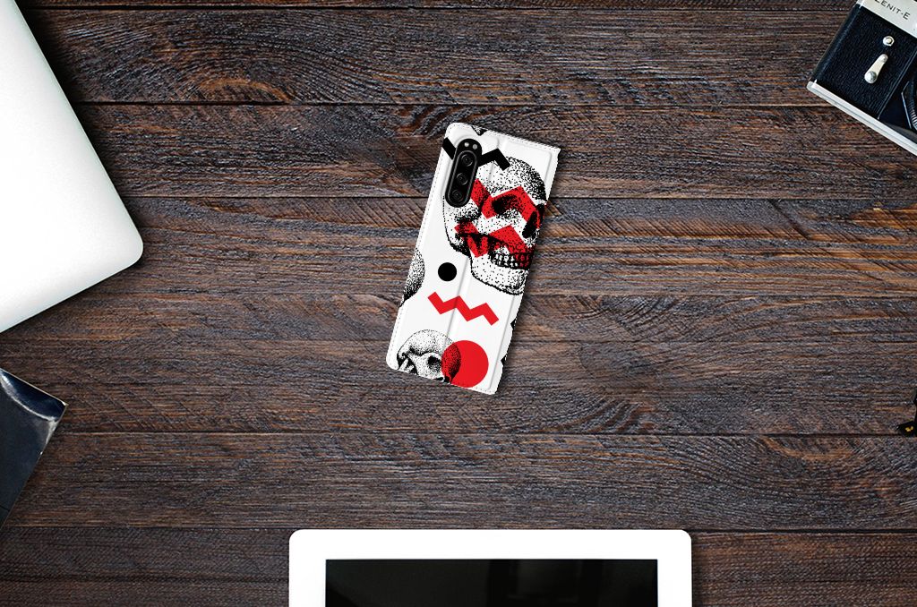 Mobiel BookCase Sony Xperia 5 Skull Red