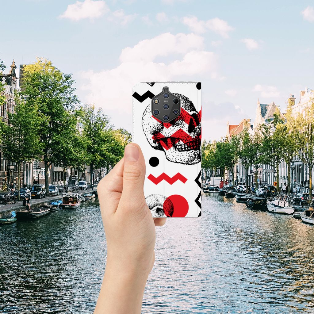 Mobiel BookCase Nokia 9 PureView Skull Red