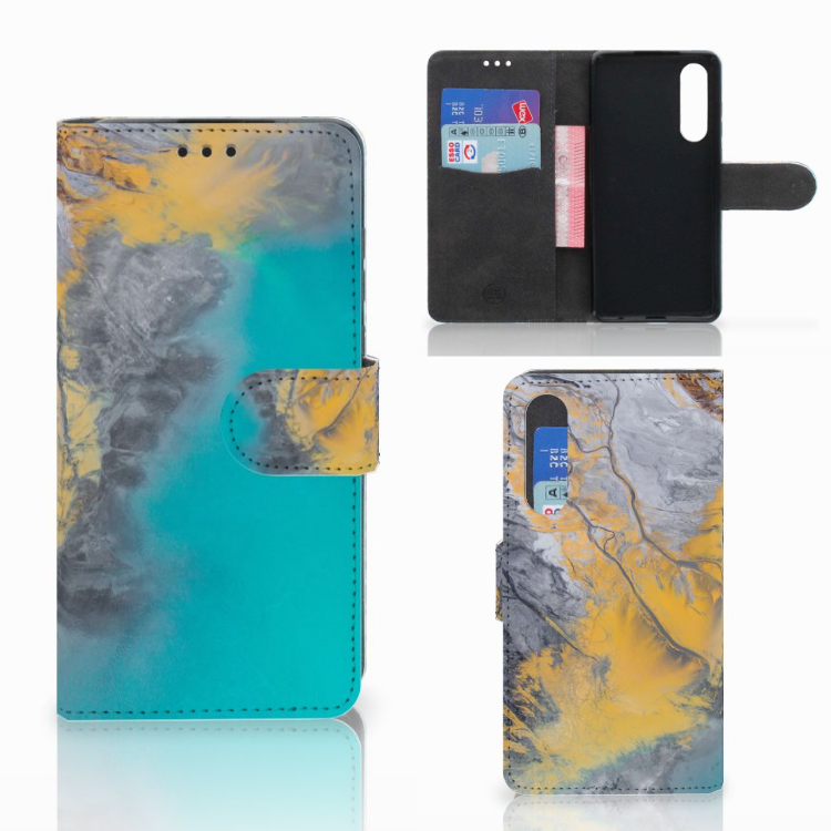 Huawei P30 Bookcase Marble Blue Gold