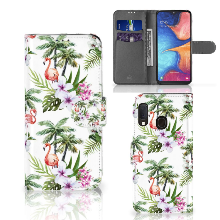 Samsung Galaxy A20e Telefoonhoesje met Pasjes Flamingo Palms