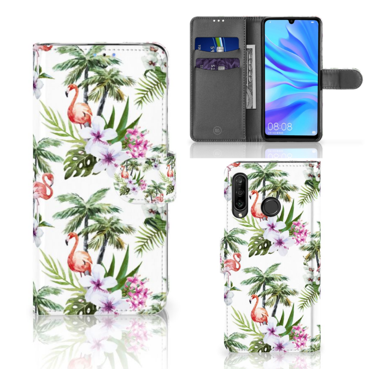 Huawei P30 Lite (2020) Telefoonhoesje met Pasjes Flamingo Palms