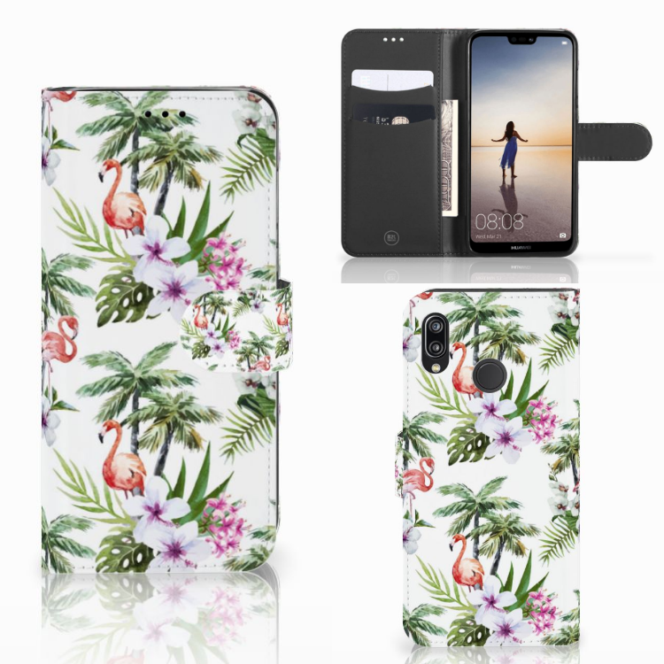 Huawei P20 Lite Telefoonhoesje met Pasjes Flamingo Palms