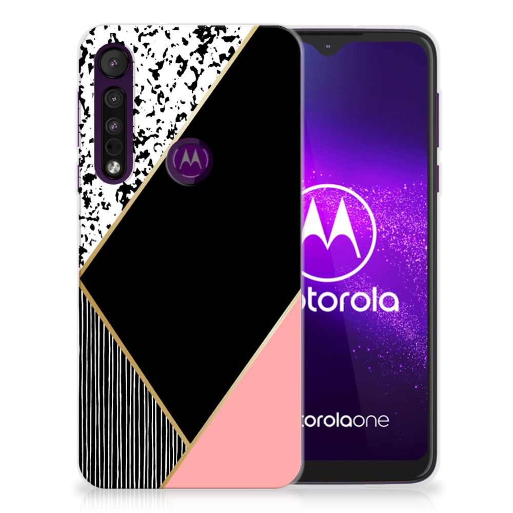 Motorola One Macro TPU Hoesje Zwart Roze Vormen