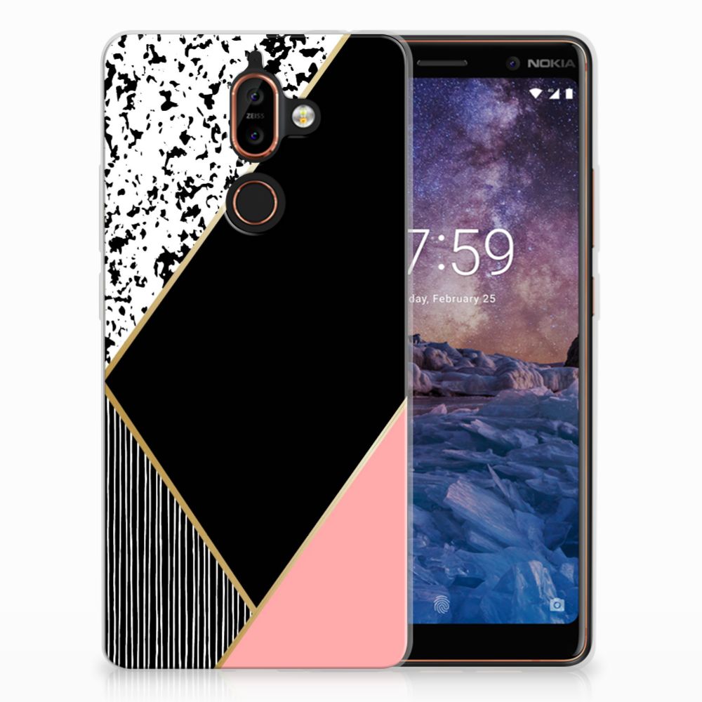 Nokia 7 Plus TPU Hoesje Zwart Roze Vormen