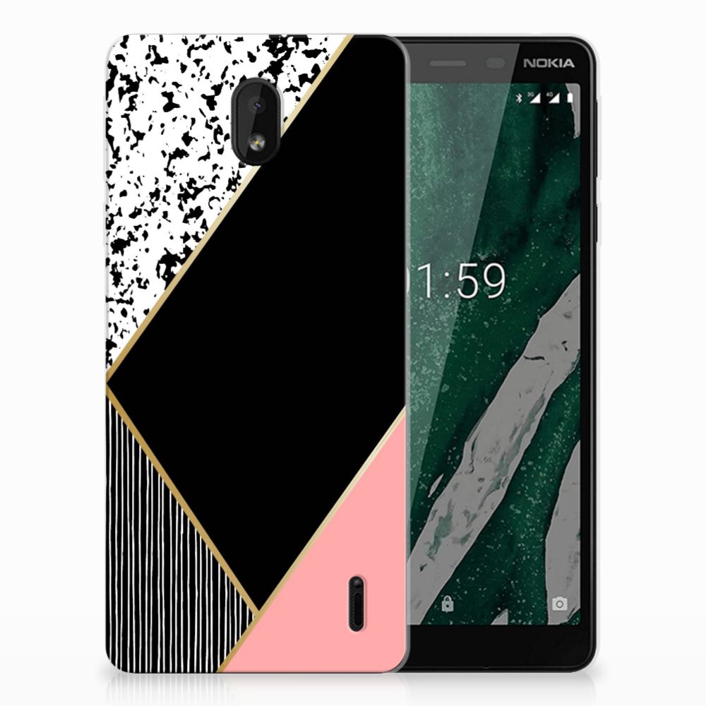 Nokia 1 Plus TPU Hoesje Zwart Roze Vormen