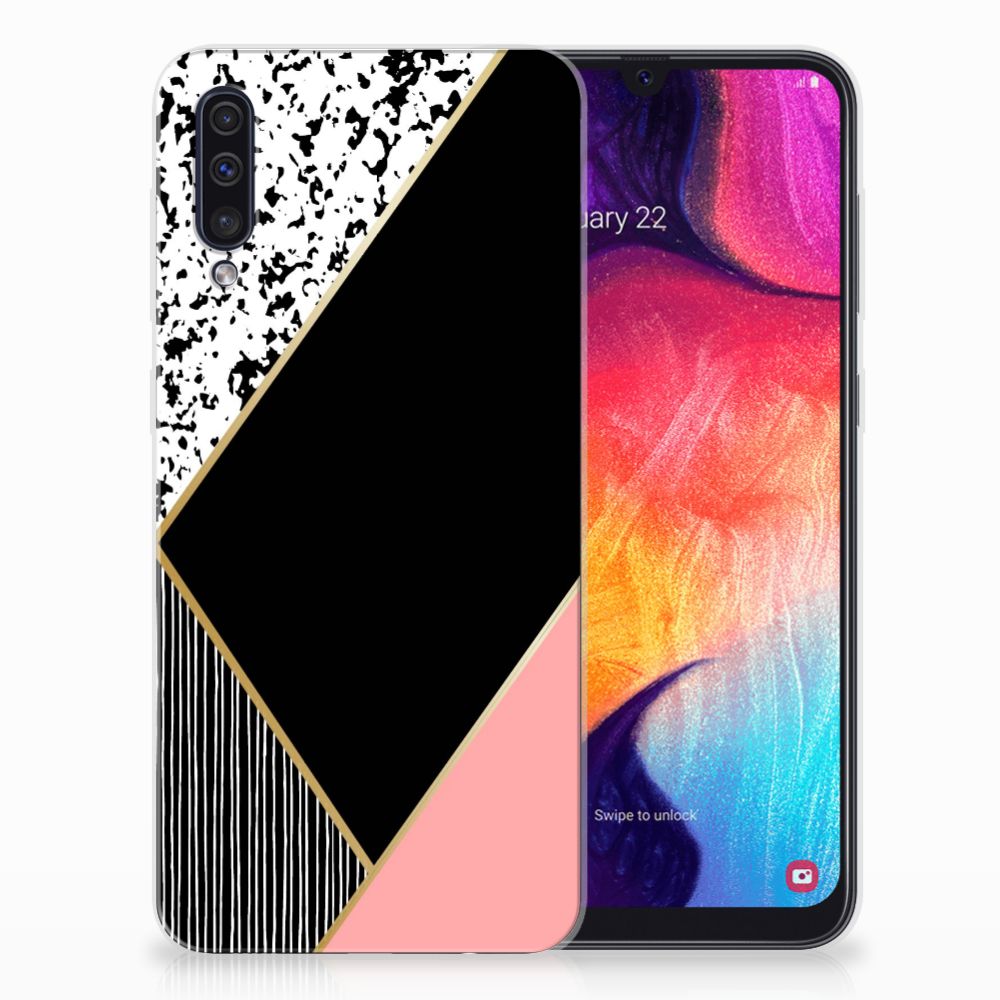Samsung Galaxy A50 TPU Hoesje Zwart Roze Vormen