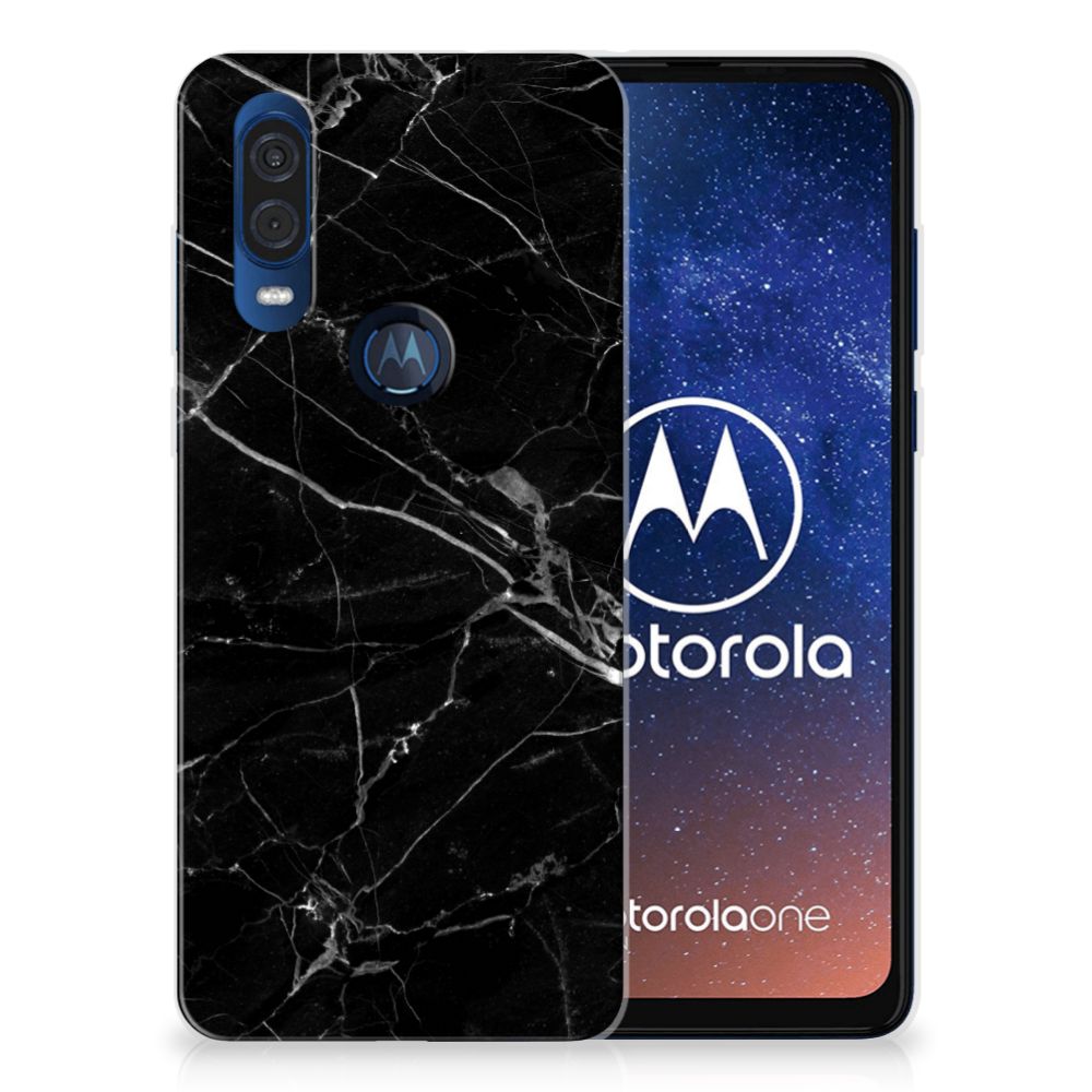 Motorola One Vision TPU Siliconen Hoesje Marmer Zwart - Origineel Cadeau Vader
