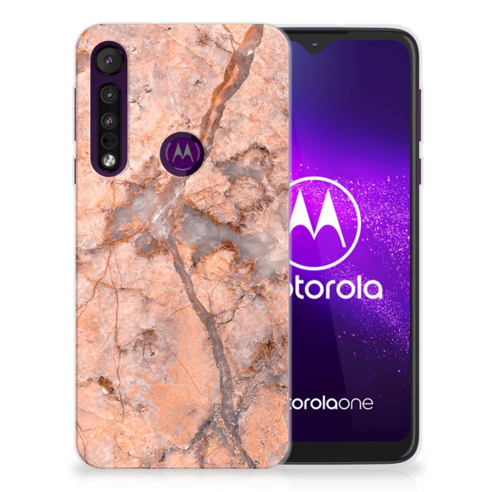 Motorola One Macro TPU Siliconen Hoesje Marmer Oranje