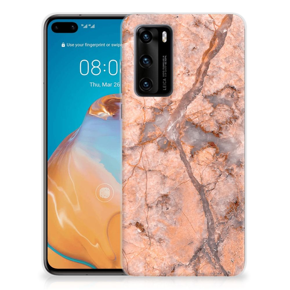 Huawei P40 TPU Siliconen Hoesje Marmer Oranje