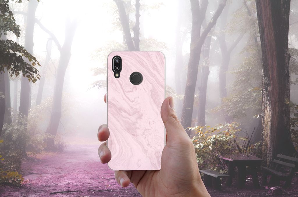Huawei P20 Lite TPU Siliconen Hoesje Marble Pink - Origineel Cadeau Vriendin