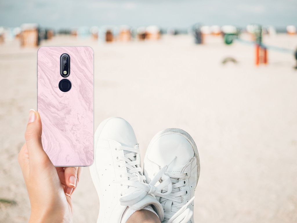 Nokia 7.1 TPU Siliconen Hoesje Marble Pink - Origineel Cadeau Vriendin