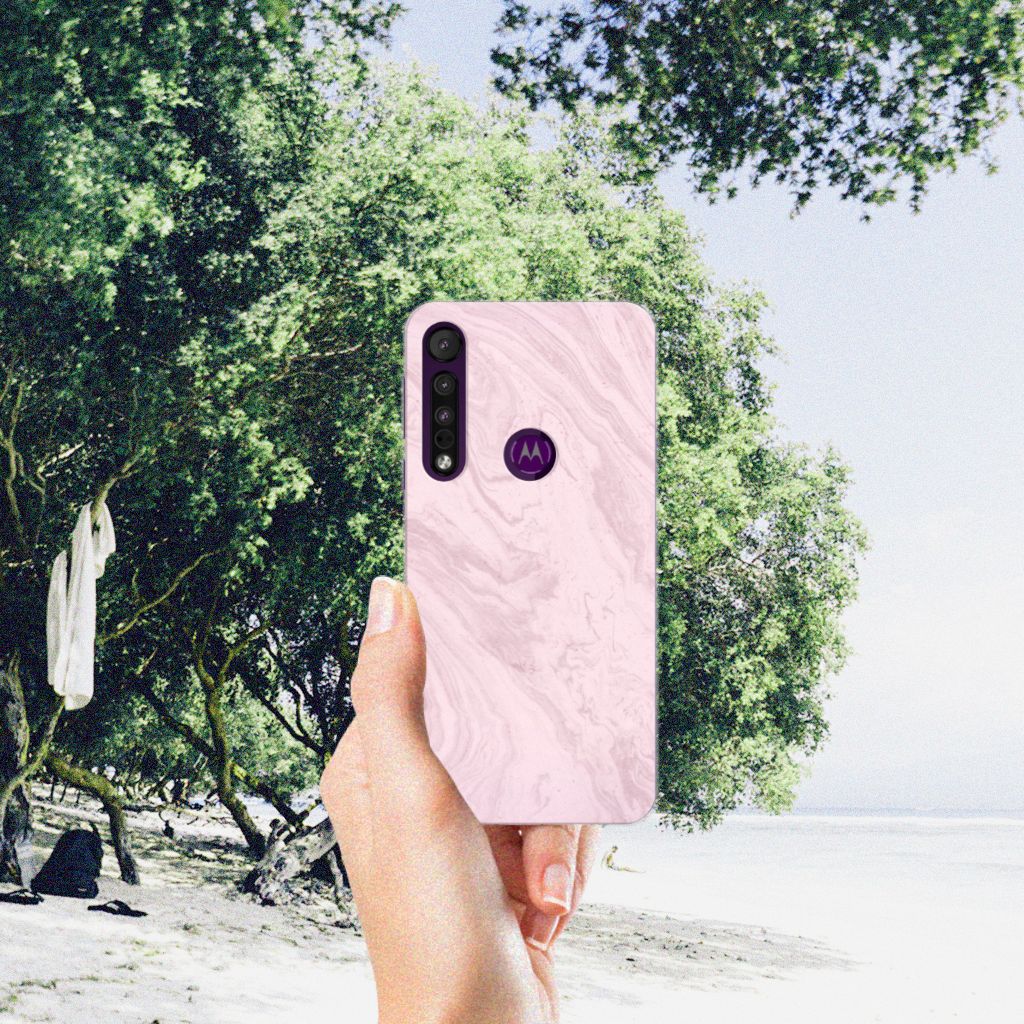 Motorola One Macro TPU Siliconen Hoesje Marble Pink - Origineel Cadeau Vriendin