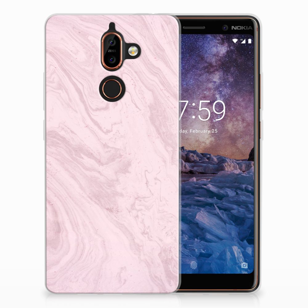 Nokia 7 Plus TPU Siliconen Hoesje Marble Pink - Origineel Cadeau Vriendin