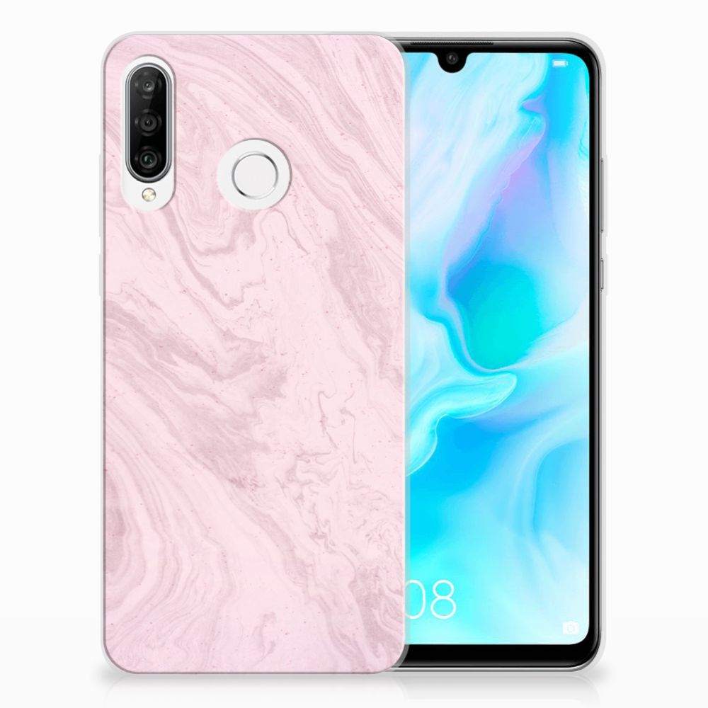 Huawei P30 Lite TPU Siliconen Hoesje Marble Pink - Origineel Cadeau Vriendin