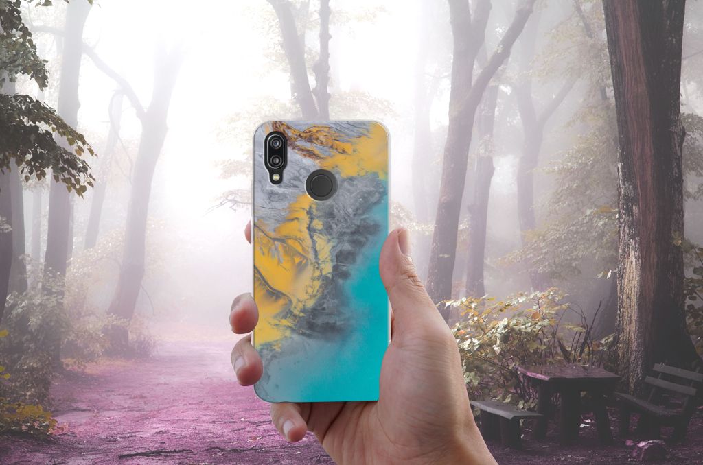 Huawei P20 Lite TPU Siliconen Hoesje Marble Blue Gold
