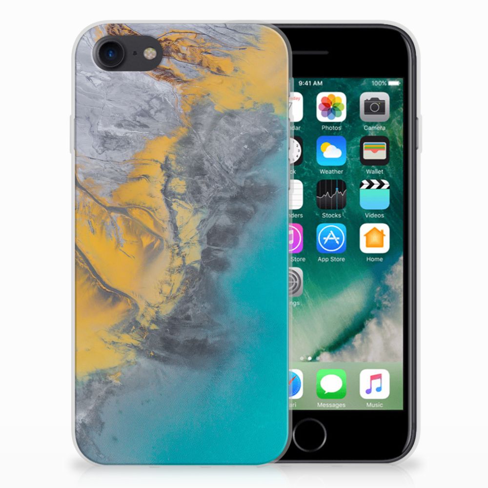 iPhone SE 2022 | SE 2020 | 8 | 7 TPU Siliconen Hoesje Marble Blue Gold