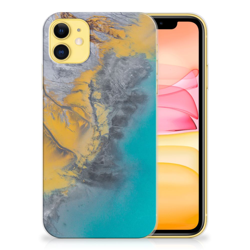 Apple iPhone 11 TPU Siliconen Hoesje Marble Blue Gold
