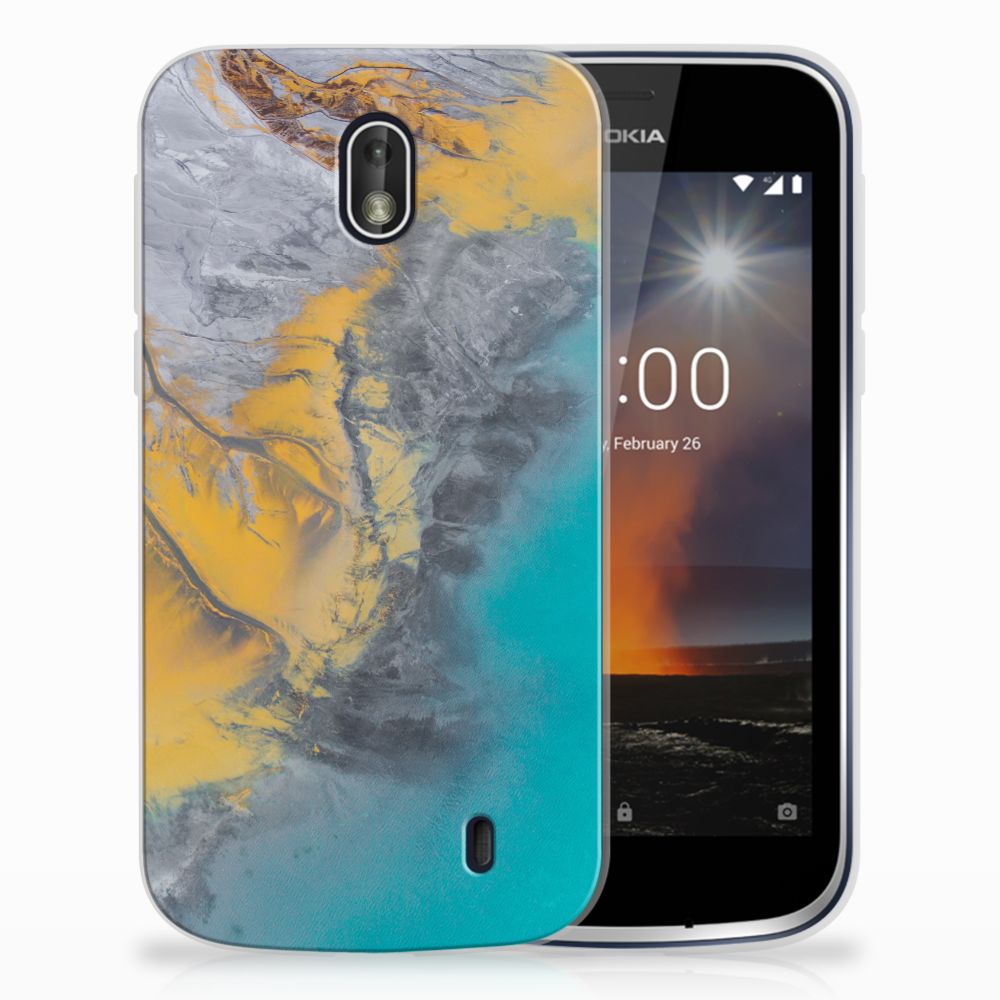 Nokia 1 TPU Siliconen Hoesje Marble Blue Gold