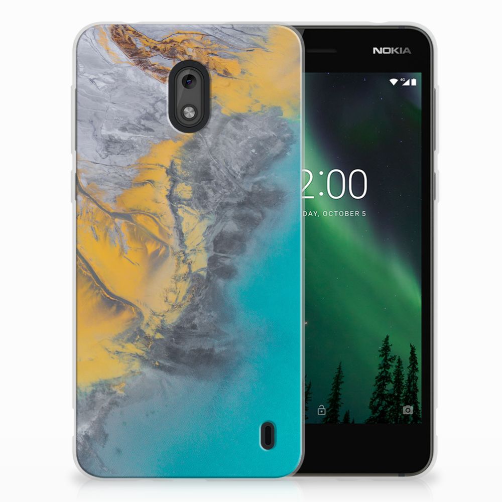 Nokia 2 TPU Siliconen Hoesje Marble Blue Gold
