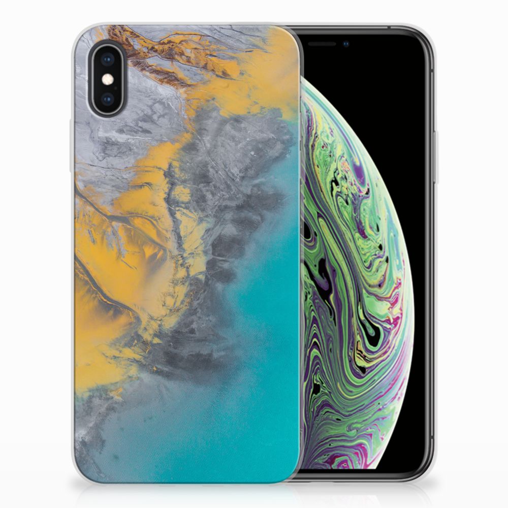 Apple iPhone Xs Max TPU Siliconen Hoesje Marble Blue Gold