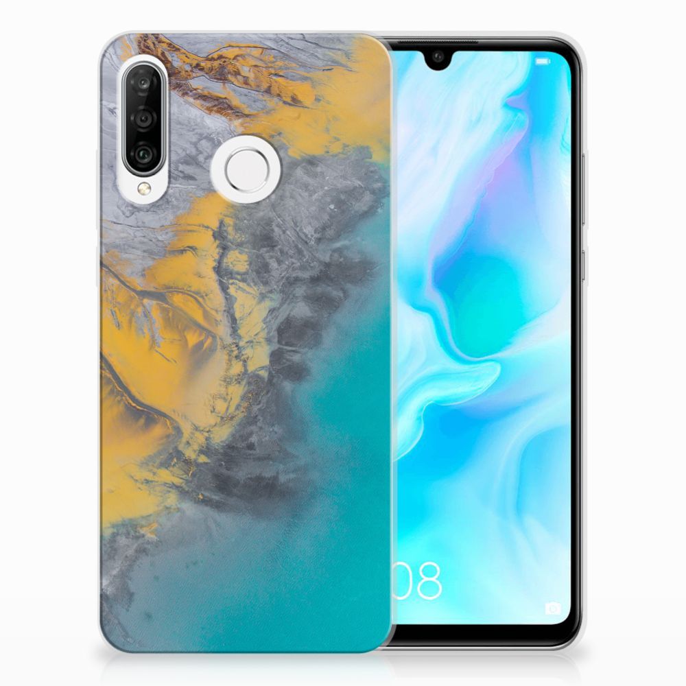 Huawei P30 Lite TPU Siliconen Hoesje Marble Blue Gold