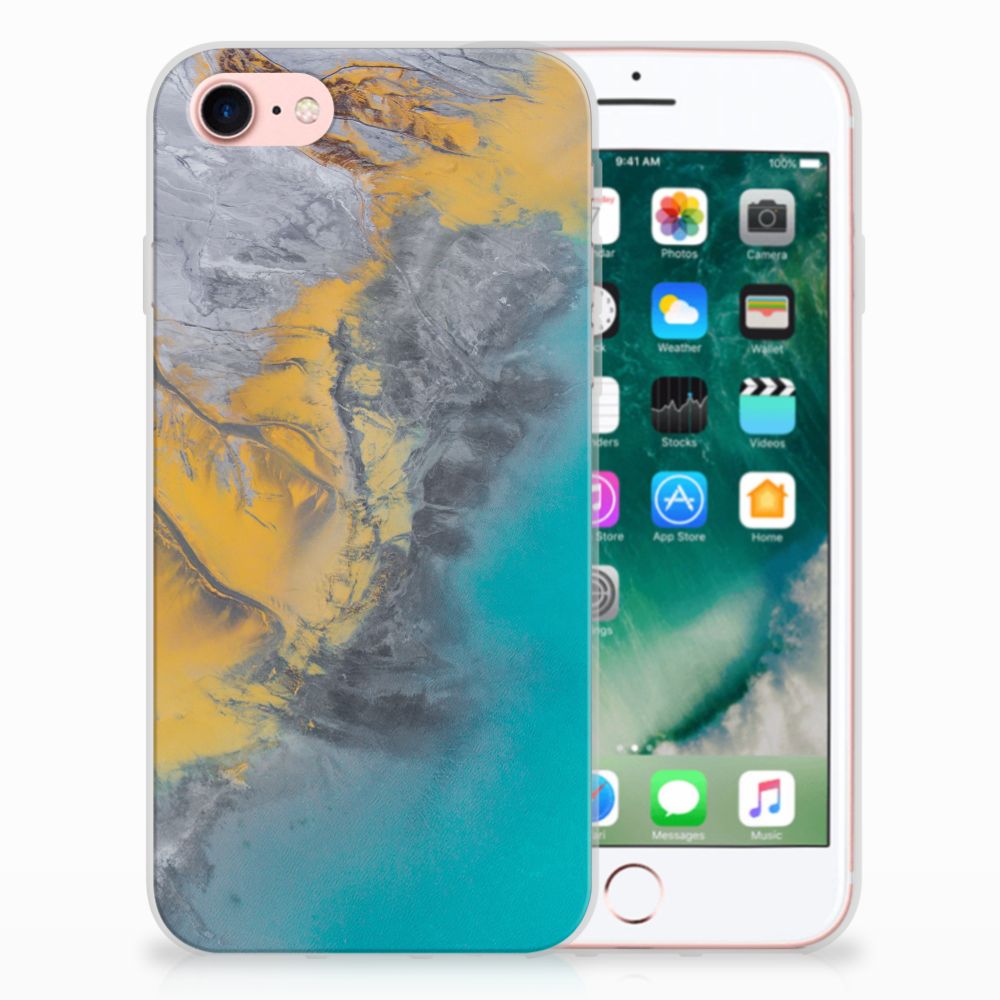iPhone SE 2022 | SE 2020 | 8 | 7 TPU Siliconen Hoesje Marble Blue Gold