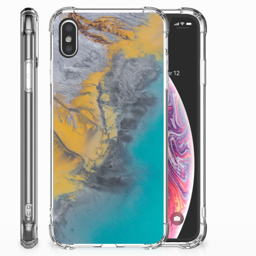 Apple iPhone Xs Max Anti-Shock Hoesje Marble Blue Gold
