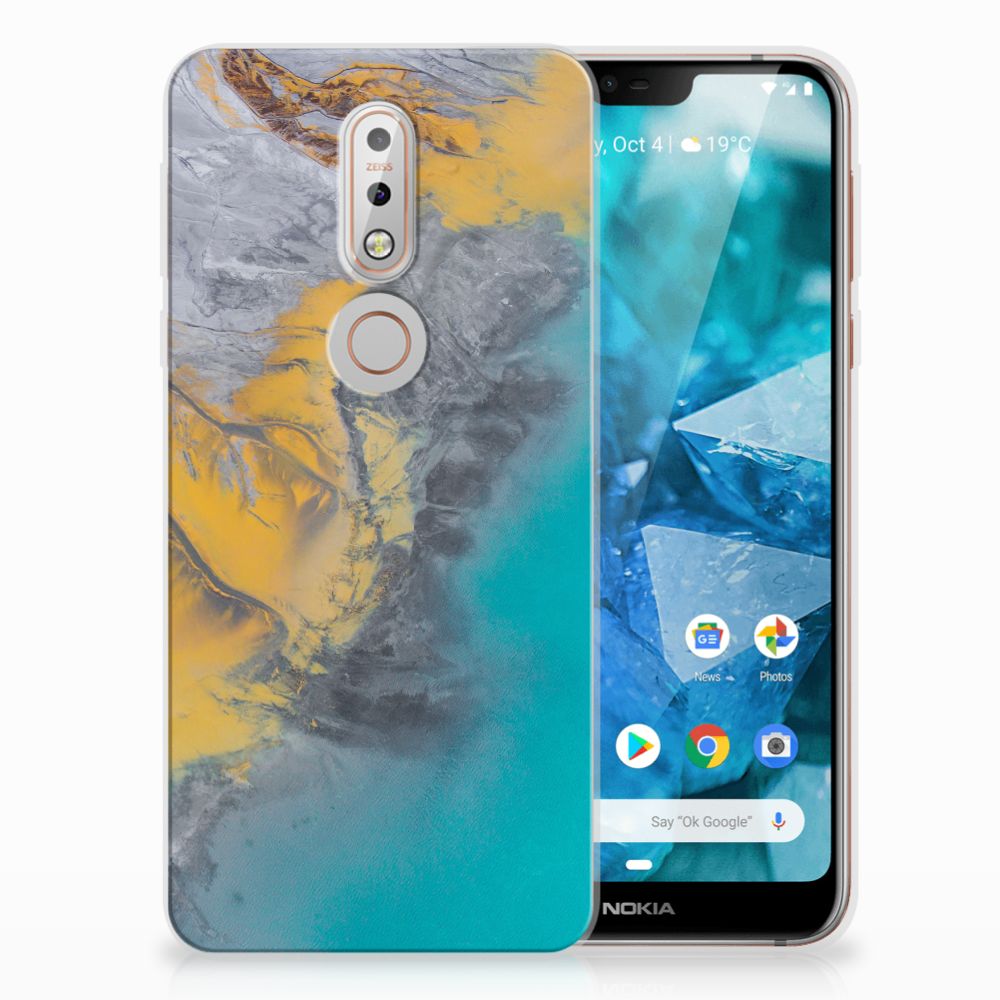Nokia 7.1 TPU Siliconen Hoesje Marble Blue Gold