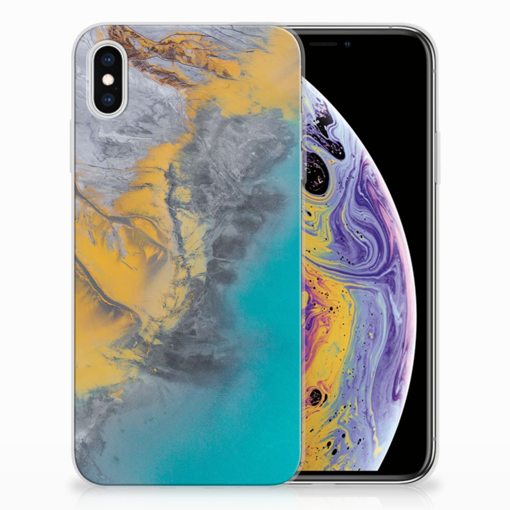 Apple iPhone Xs Max TPU Siliconen Hoesje Marble Blue Gold