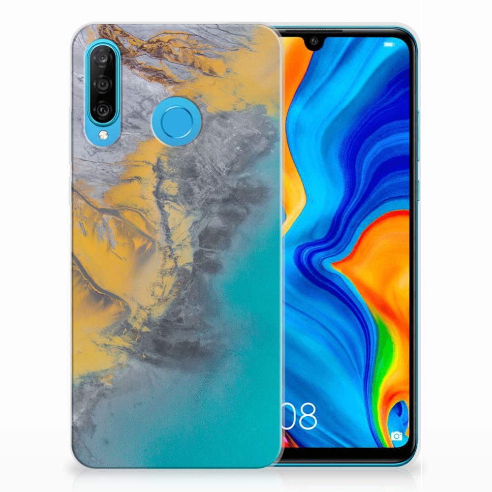 Huawei P30 Lite TPU Siliconen Hoesje Marble Blue Gold