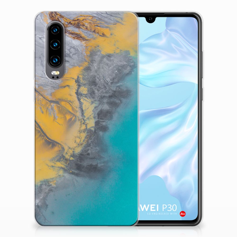 Huawei P30 TPU Siliconen Hoesje Marble Blue Gold