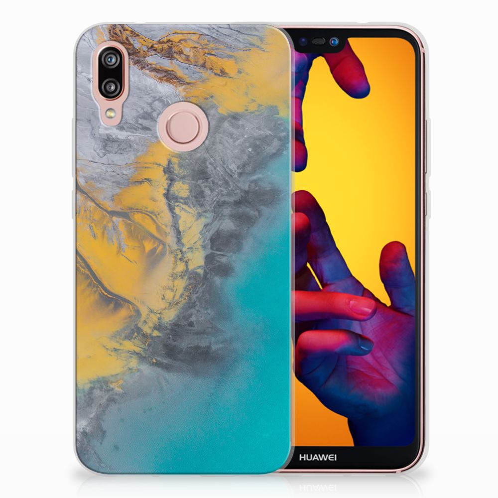 Huawei P20 Lite TPU Siliconen Hoesje Marble Blue Gold