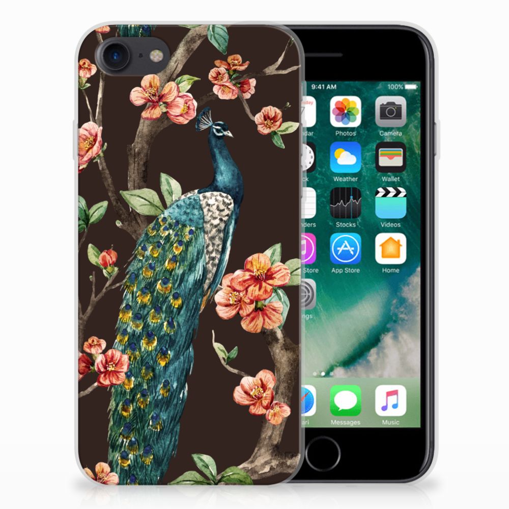 Apple iPhone 7 Uniek TPU Hoesje Pauw met Bloemen