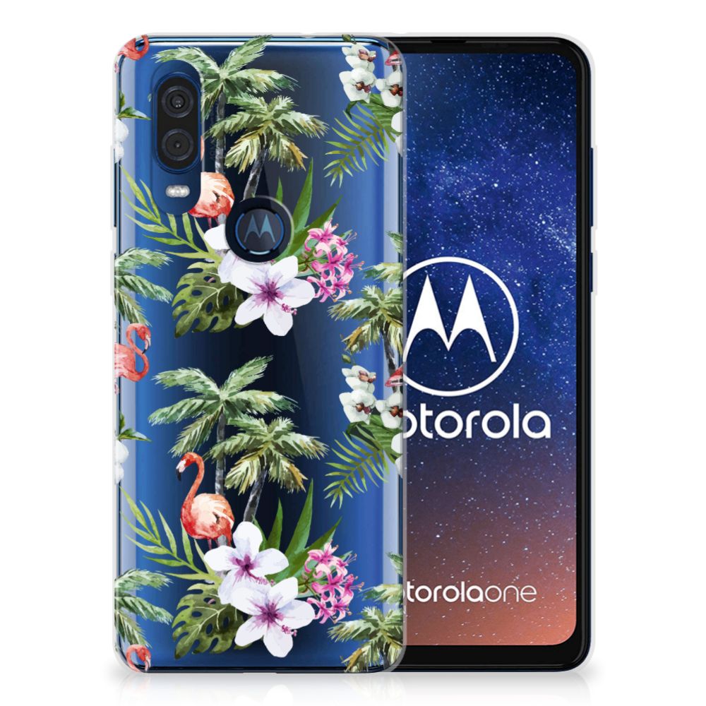 Motorola One Vision TPU Hoesje Flamingo Palms