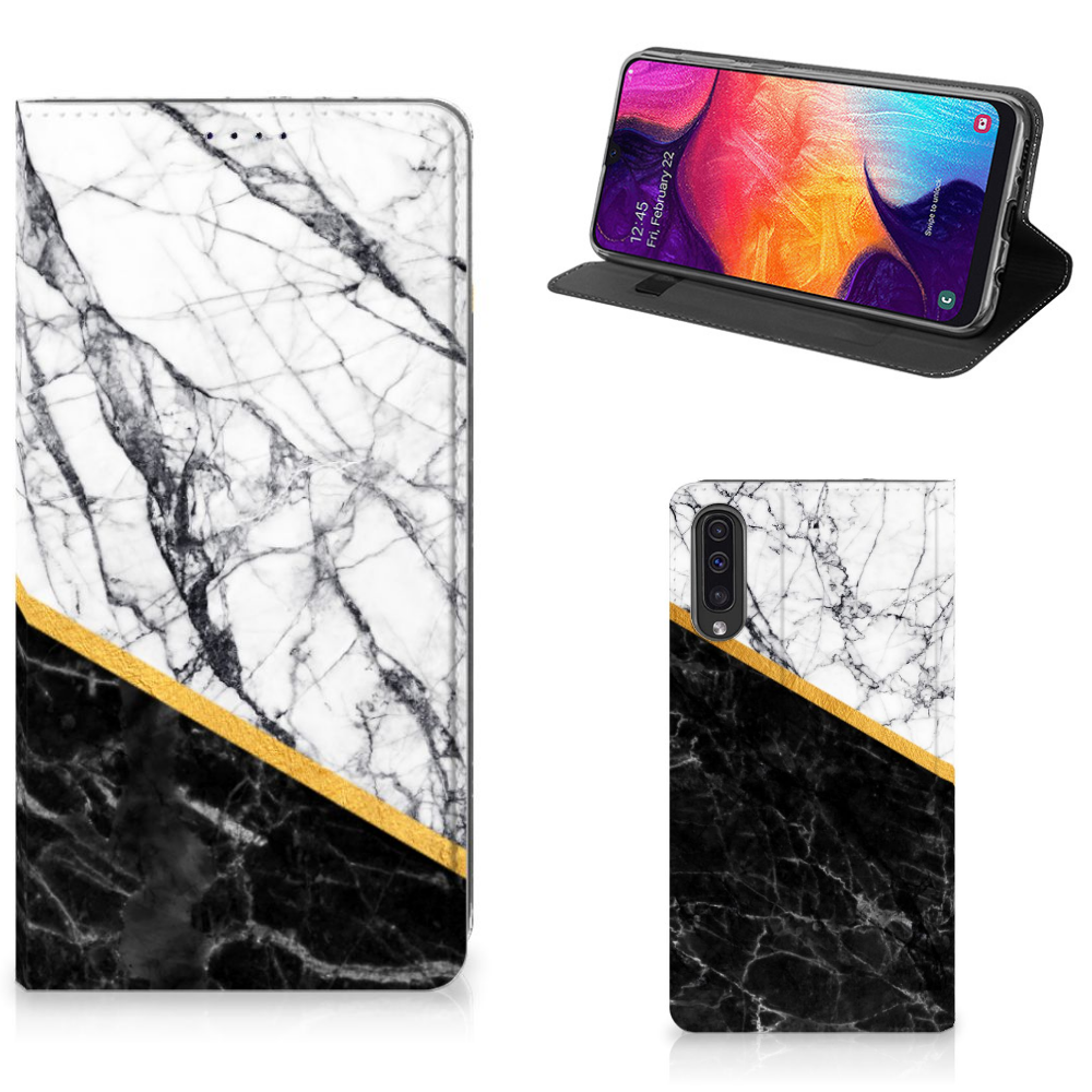 Samsung Galaxy A50 Uniek Standcase Hoesje Marble White Black