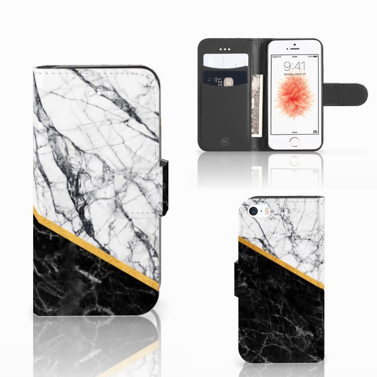Apple iPhone 5 | 5s | SE Uniek Boekhoesje Marble White Black