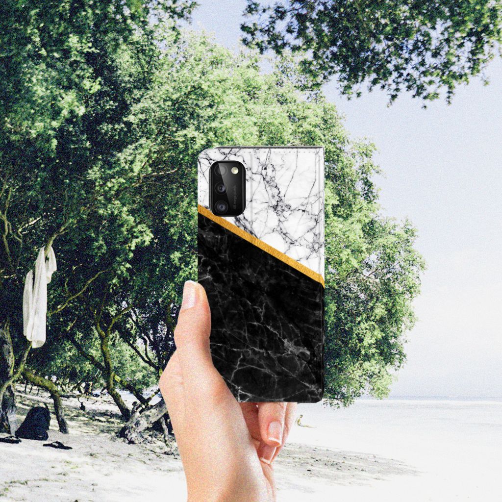 Samsung Galaxy A41 Standcase Marmer Wit Zwart - Origineel Cadeau Man