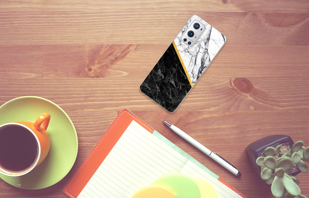OnePlus 9 Pro TPU Siliconen Hoesje Marmer Wit Zwart - Origineel Cadeau Man