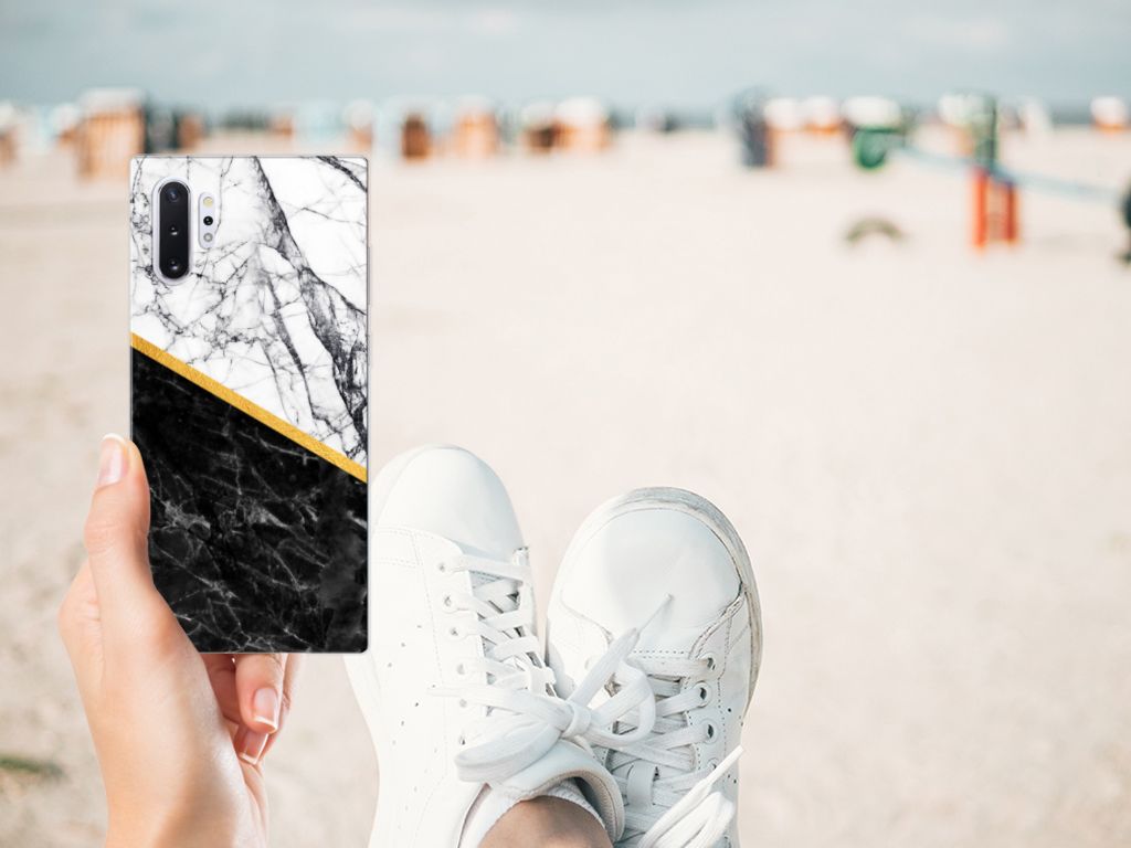 Samsung Galaxy Note 10 Plus TPU Siliconen Hoesje Marmer Wit Zwart - Origineel Cadeau Man