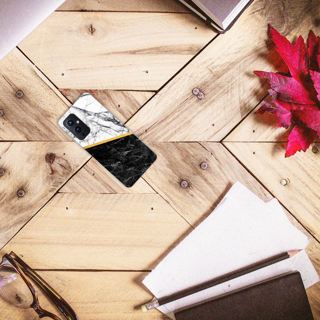 OnePlus 9 TPU Siliconen Hoesje Marmer Wit Zwart - Origineel Cadeau Man
