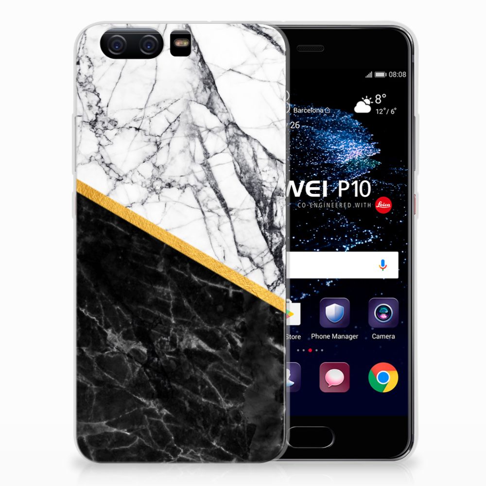 Huawei P10 TPU Siliconen Hoesje Marmer Wit Zwart - Origineel Cadeau Man
