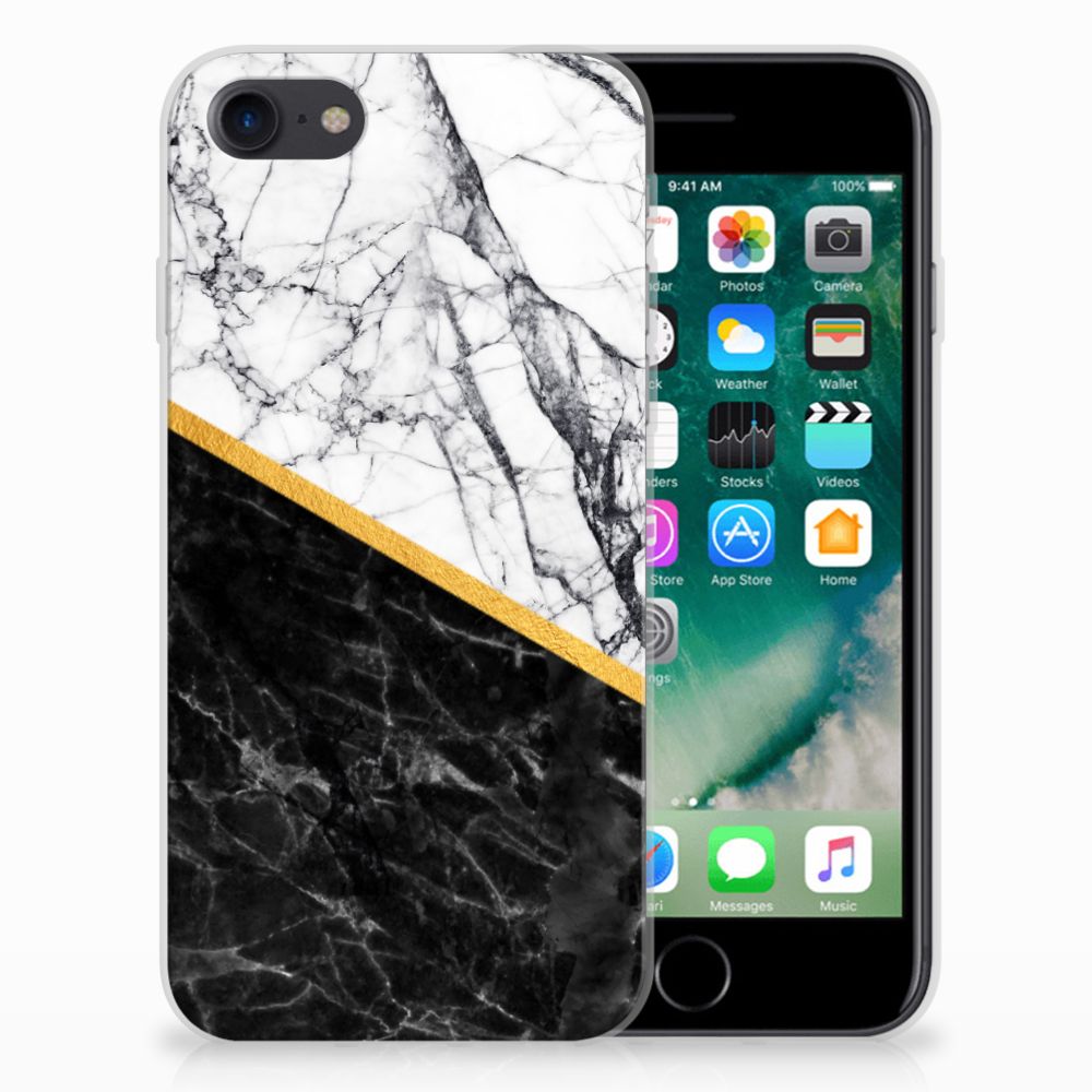 iPhone SE 2022 | SE 2020 | 8 | 7 TPU Siliconen Hoesje Marmer Wit Zwart - Origineel Cadeau Man