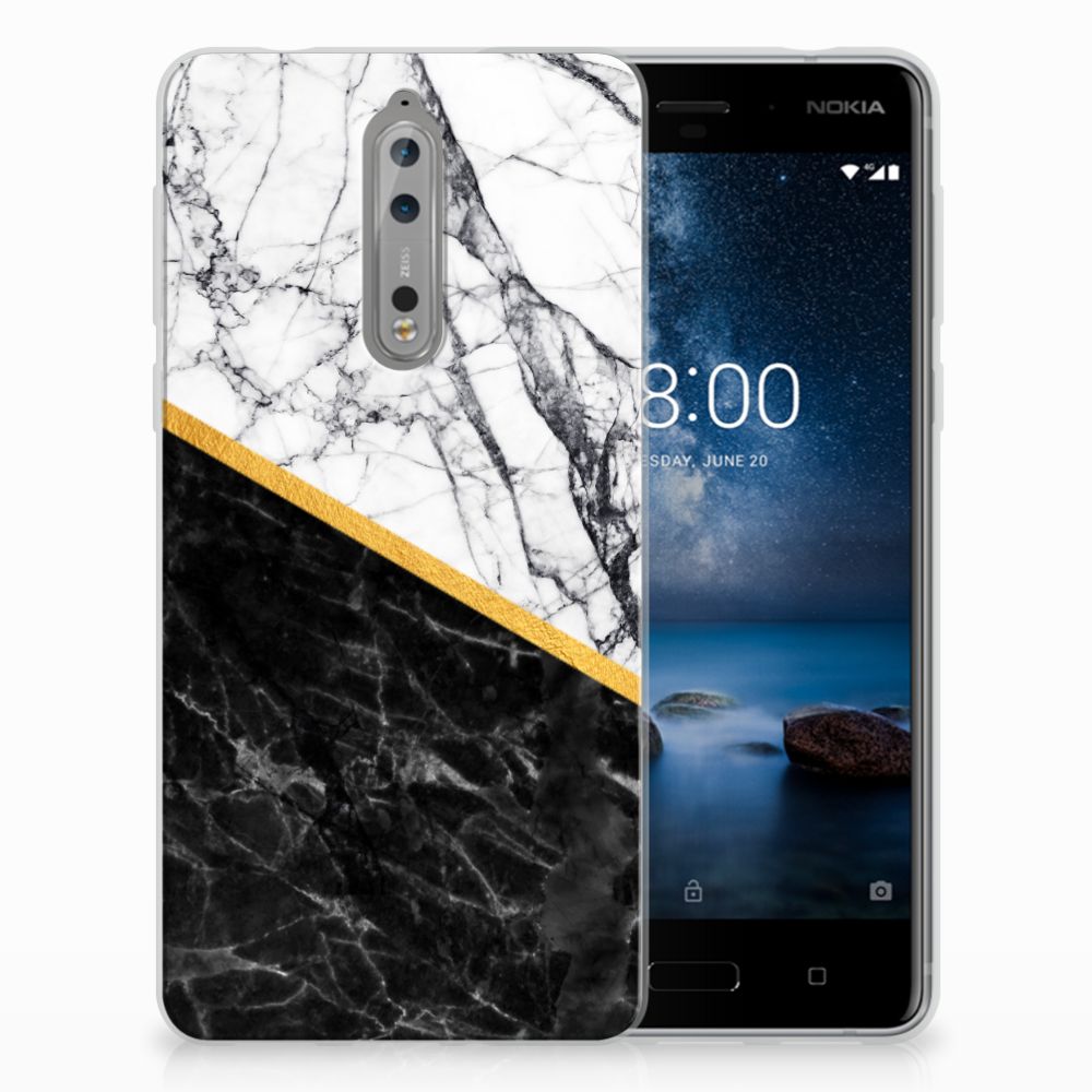Nokia 8 TPU Siliconen Hoesje Marmer Wit Zwart - Origineel Cadeau Man