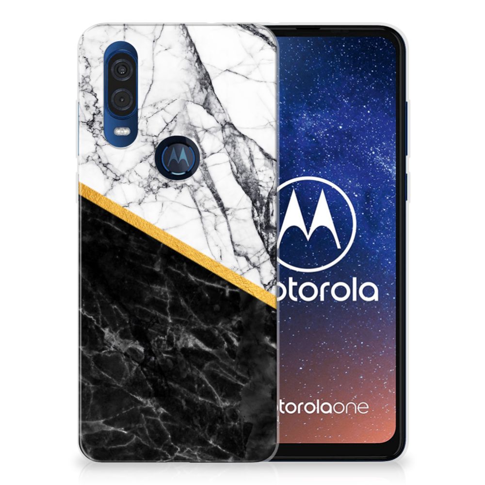 Motorola One Vision TPU Siliconen Hoesje Marmer Wit Zwart - Origineel Cadeau Man