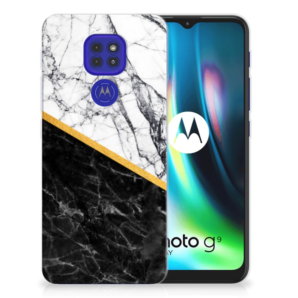 Motorola Moto G9 Play | E7 Plus TPU Siliconen Hoesje Marmer Wit Zwart - Origineel Cadeau Man